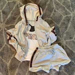 VS PINK HARD TO FIND SET 3 piece jacket top and shorts bling sooooo cute 🤤